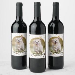 Custom Pet Photo Gold Glitter Stars Dog Birthday Wine Label