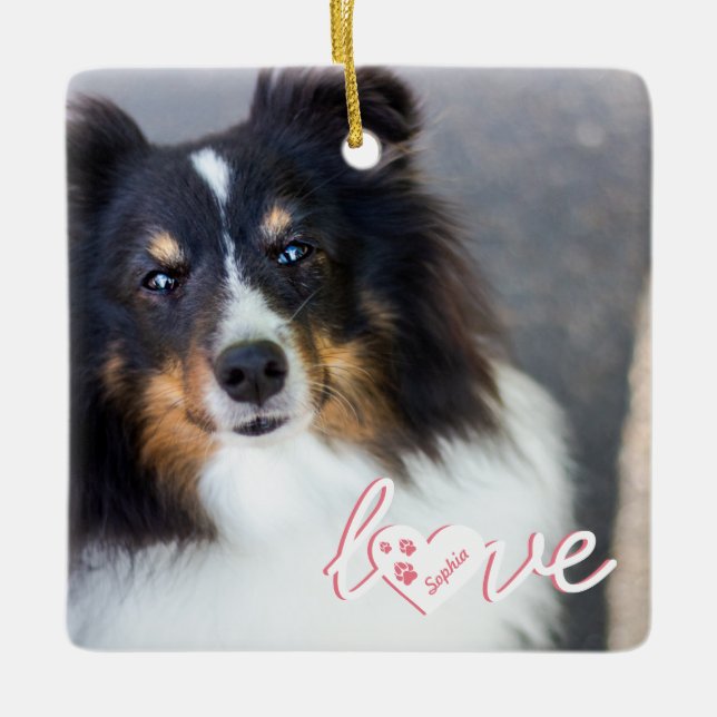Custom Pet Photo & Love Text With Paws & Name Ceramic Ornament (Front)
