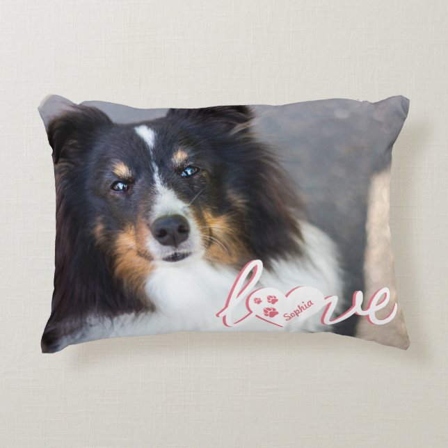 Custom Pet Photo & Love Text With Paws & Name Decorative Cushion (Front)