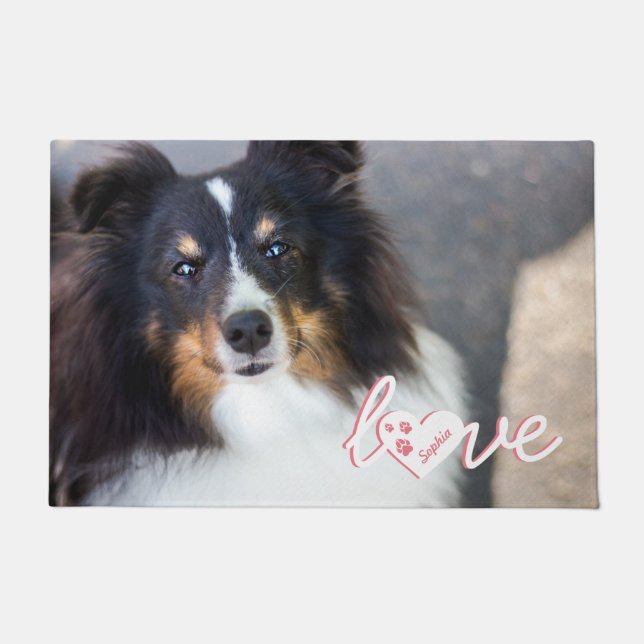Custom Pet Photo & Love Text With Paws & Name Doormat (Front)