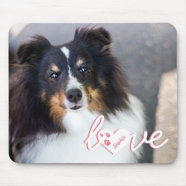 Custom Pet Photo & Love Text With Paws & Name Mouse Pad (Front)