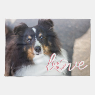 Custom Pet Photo & Love Text With Paws & Name Tea Towel