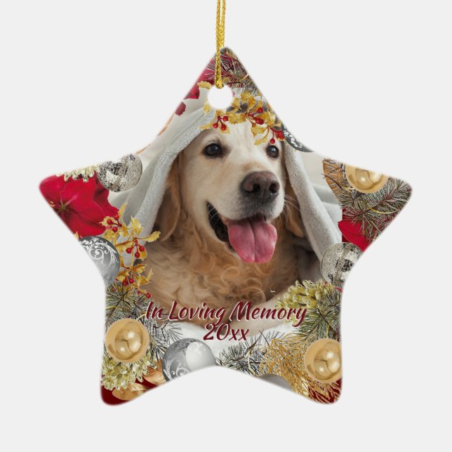 Custom PET PHOTO MEMORIAL Christmas Wreath Ceramic Ornament (Front)