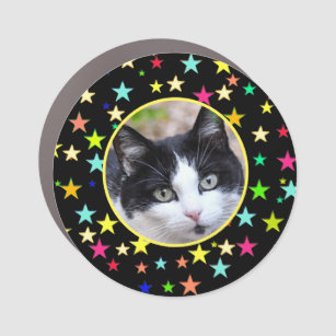 Custom Pet Photo & Multicolored Stars on Black Car Car Magnet