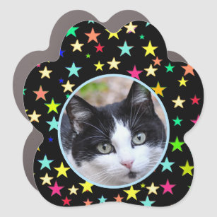 Custom Pet Photo & Multicolored Stars on Black Car Magnet