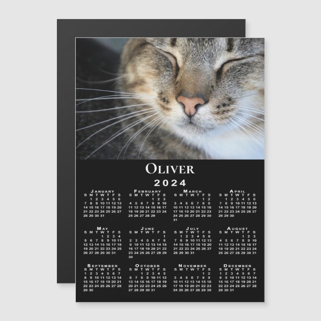 Custom Pet Photo Name 2024 Calendar Black Magnet (Front/Back)