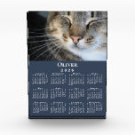 Custom Pet Photo Name 2025 Calendar Navy Blue Desk Acrylic Award<br><div class="desc">Keep your pet (or favourite people) nearby with a customisable 2025 calendar acrylic block. Replace the sample photo and name in the sidebar. The custom text is in a modern white serif font. Below it is a small white calendar on a navy blue background. Makes a great personalised gift. If...</div>