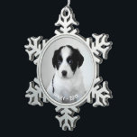 Custom Pet Photo Name and Year Snowflake Pewter Christmas Ornament<br><div class="desc">Create your own cute custom ornament featuring your pet photo and text. Easily add your dog/cat/furbaby photo, name and year in the sidebar. The text will appear over the bottom of your photo in curved white text. Makes a great gift for family pet lovers and a wonderful keepsake for you....</div>