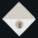 Custom Pet Photo & Name With Beige And White Paws Bandana<br><div class="desc">Beautiful and personalizable pet photo template design with white paws on a beige (changeable) background colour. Change the sample photo to a photograph of your own pet and personalise the name and text field with your custom text. Half of the item is reserved for a pet photo and custom text...</div>