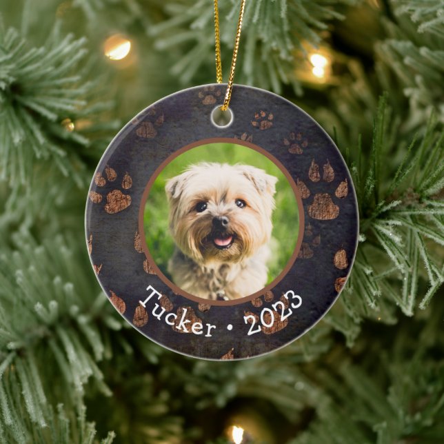Custom Pet Photo Name Year Ceramic Ornament (Tree)
