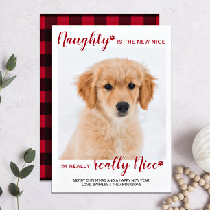 Custom Pet Photo Naught Nice Red Buffalo Plaid  Holiday Card