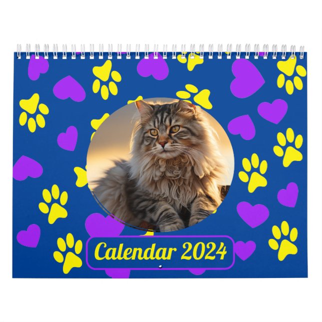 Custom Pet Photo Paw Prints Pattern Blue Calendar (Cover)