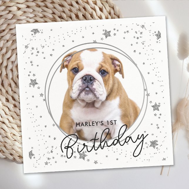 Custom Pet Photo Silver Glitter Stars Dog Birthday Napkin (Creator Uploaded)