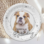 Custom Pet Photo Silver Glitter Stars Dog Birthday Paper Plate<br><div class="desc">Puppy Pawty ! Add the finishing touch to your puppy or dogs birthday with this elegant silver custom pet photo and glitter stars party paper plates. Add your pup's favourite photo and personalise with name, age birthday! See out Puppy Dog birthday collection for matching birthday invitations, party decor, favours, and...</div>