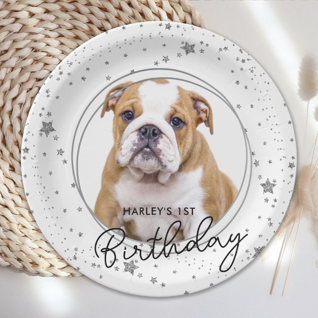 Custom Pet Photo Silver Glitter Stars Dog Birthday Paper Plate (Creator Uploaded)