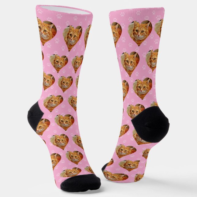 Custom Pet Photo Socks - Pink Heart Pattern (Angled)