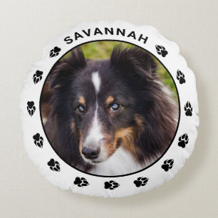 Custom Pet Photo Template With Paws & Name Round Cushion