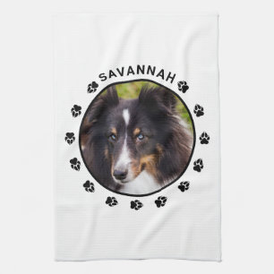 Custom Pet Photo Template With Paws & Text Tea Towel