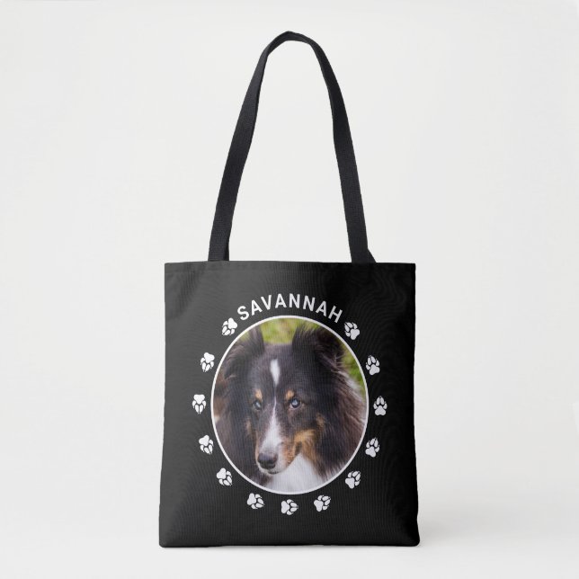 Custom Pet Photo Template With White Paws & Name Tote Bag (Front)