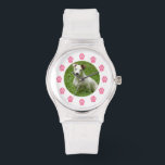 Custom Pet Photo Watch - Pink Paw Prints<br><div class="desc">A watch featuring a pink paw prints with numerals.  Personalise with your own pet photo upload at centre.</div>