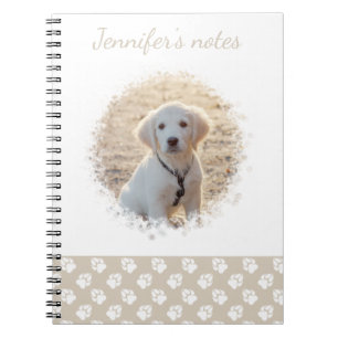 Custom Pet Photo & White Paws On Beige & Your Text Notebook