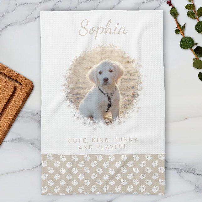 Custom Pet Photo & White Paws On Beige & Your Text Tea Towel (Creator Uploaded)