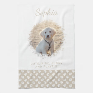 Custom Pet Photo & White Paws On Beige & Your Text Tea Towel