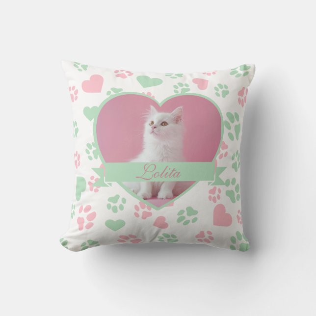 Custom Pet Photo with Cat Paw Prints Pattern Cushion (Front)