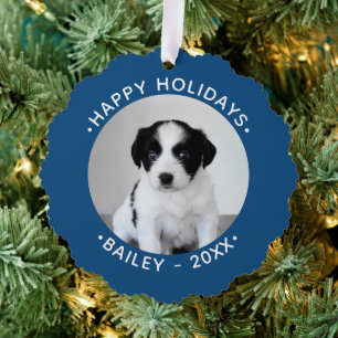 Custom Pet Photo with Name Blue Border Holiday Tree Decoration Card
