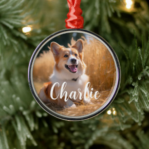 Custom Pet Photo with Name Metal Ornament