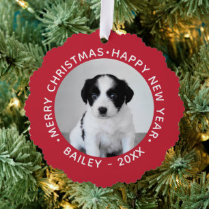 Custom Pet Photo with Name Red Border Christmas Tree Decoration Card