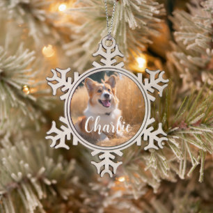 Custom Pet Photo with Name Snowflake Pewter Christmas Ornament