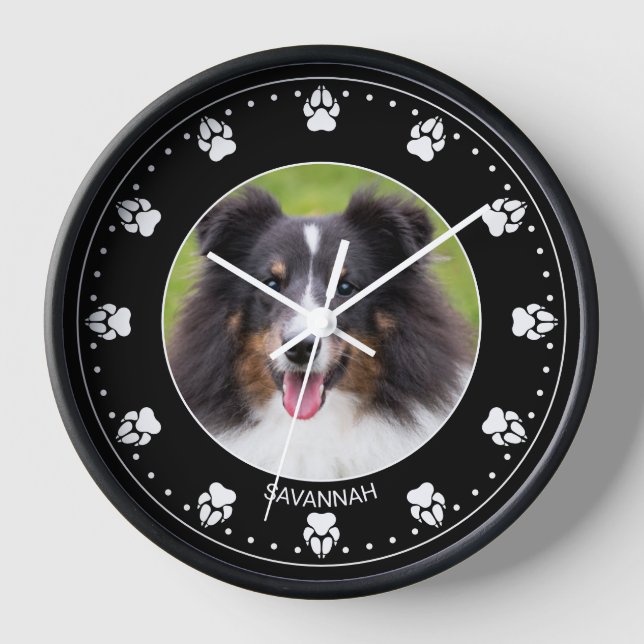 Custom Pet Photo With Paws Clock Face & Name (Front)