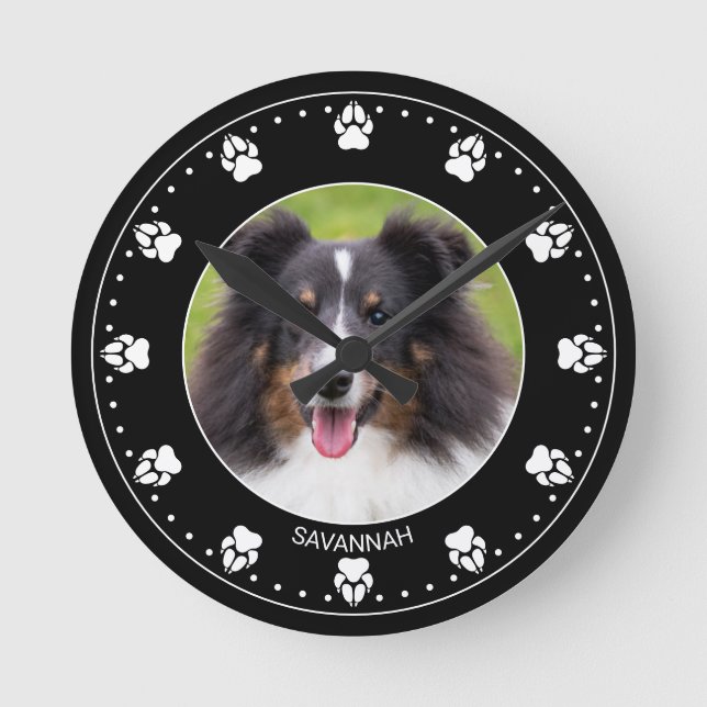 Custom Pet Photo With Paws Clock Face & Name (Front)