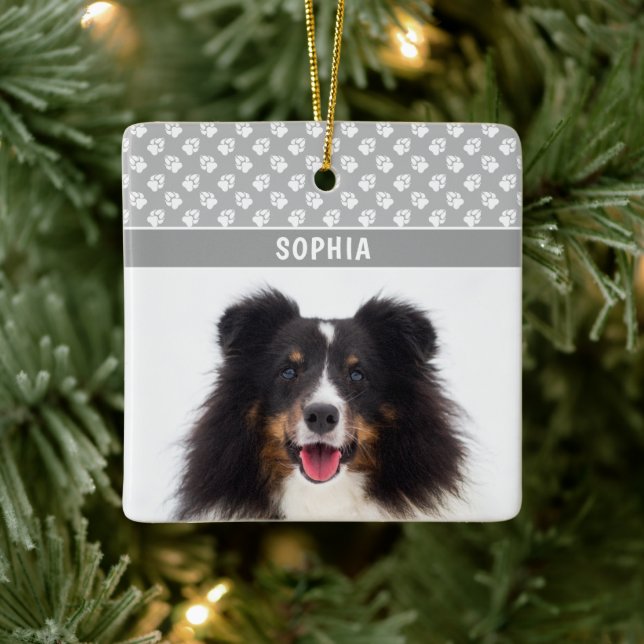Custom Pet Photo With White Paws On Grey & Name Ceramic Ornament (Tree)