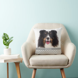 Custom Pet Photo With White Paws On Grey & Name Cushion