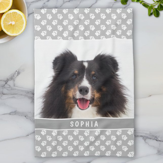 Custom Pet Photo With White Paws On Grey & Name Tea Towel (Creator Uploaded)