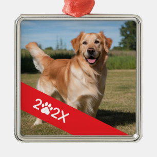 Custom Pet Photo with Year and Paw Ribbon Metal Ornament