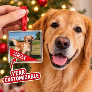Custom Pet Photo with Year and Paw Ribbon Metal Ornament