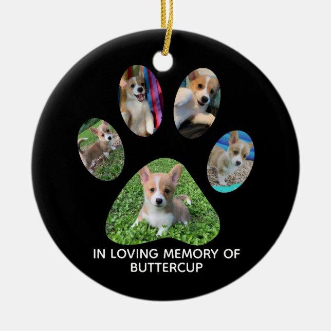 Custom Pet Photograph Paw Print Tribute Ceramic Ornament (Front)