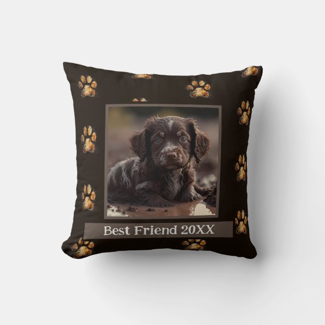 Custom Pet Pillow - Dog Photo - Muddy Paw Prints (Front)