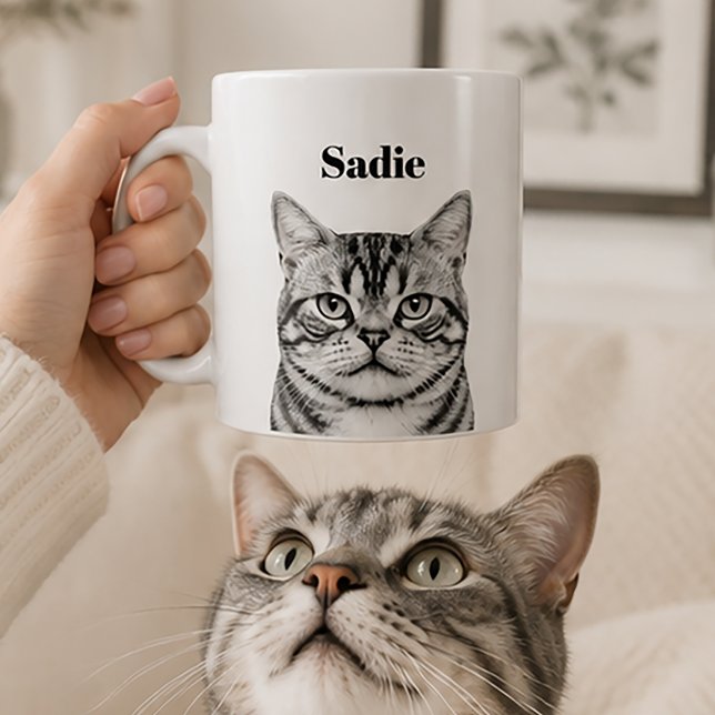 Custom Pet Portrait | Upload B&W Photo + Text Coffee Mug (Creator Uploaded)