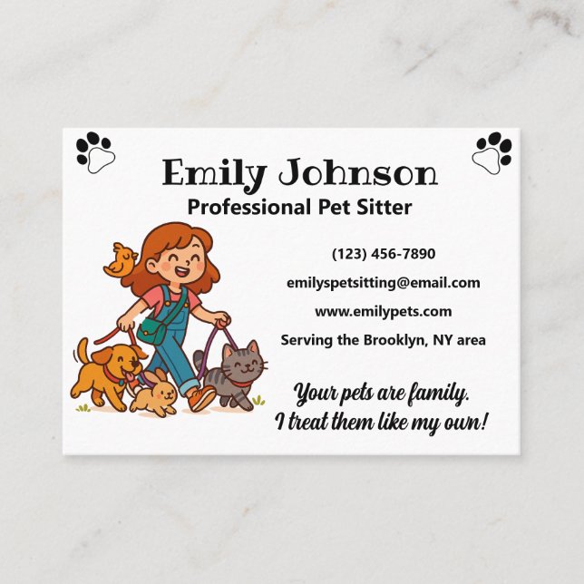 Custom Pet Sitter Business Card with Cute Cartoon  (Front)