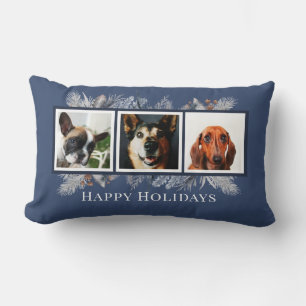 Custom Pet Watercolor Blue Christmas Lumbar Cushion