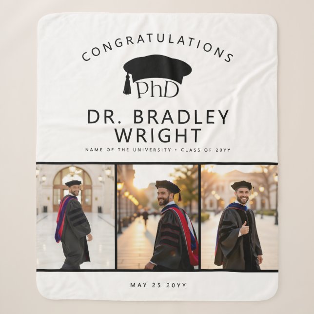 Custom PhD Doctoral Grad Hat Doctoral Graduation Sherpa Blanket (Front)