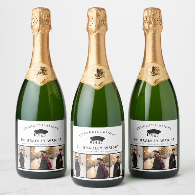 Custom PhD Doctoral Grad Hat Doctoral Graduation Sparkling Wine Label (Bottles)