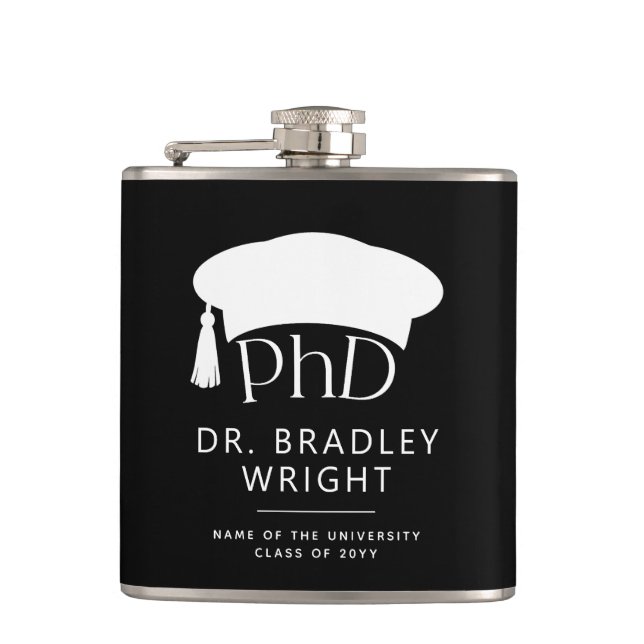 Custom PhD Doctoral Hat Doctoral Degree Graduation Hip Flask (Front)