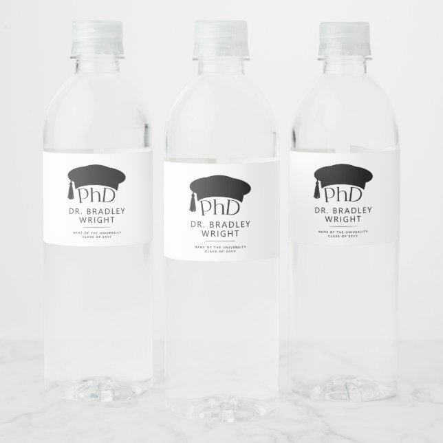 Custom PhD Doctoral Hat Doctoral Degree Graduation Water Bottle Label (Bottles)