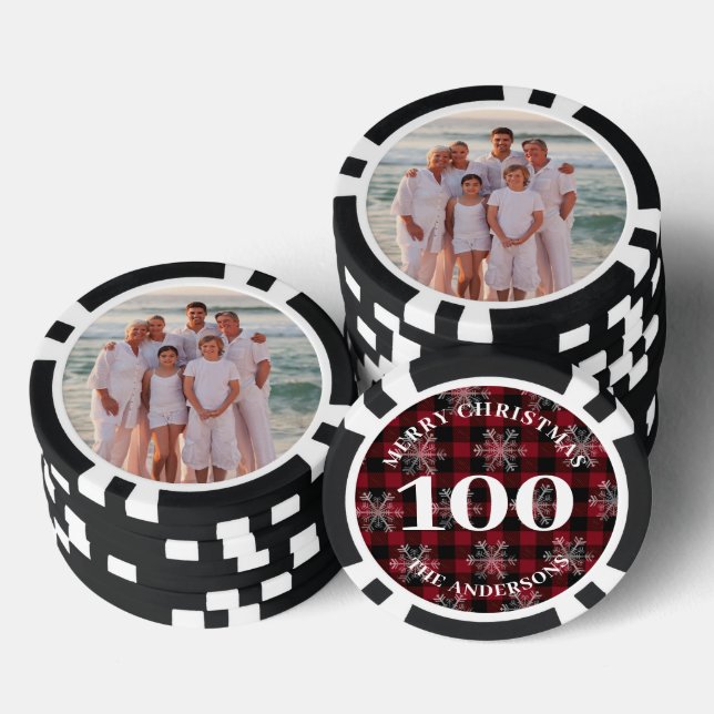 Custom Photo 100 Value Black Red Plaid Christmas Poker Chips (Stack)