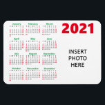 Custom Photo 2021 Calendar | Christmas Red Green Magnet<br><div class="desc">Add your own photo and choose your own colours for this 2021 calendar magnet or leave it as the default Christmas colour theme for Christmas spirit all year long! Liven up your work area or refrigerator with this 2021 calendar! Bold lettering with your choice of colours make it easy for...</div>